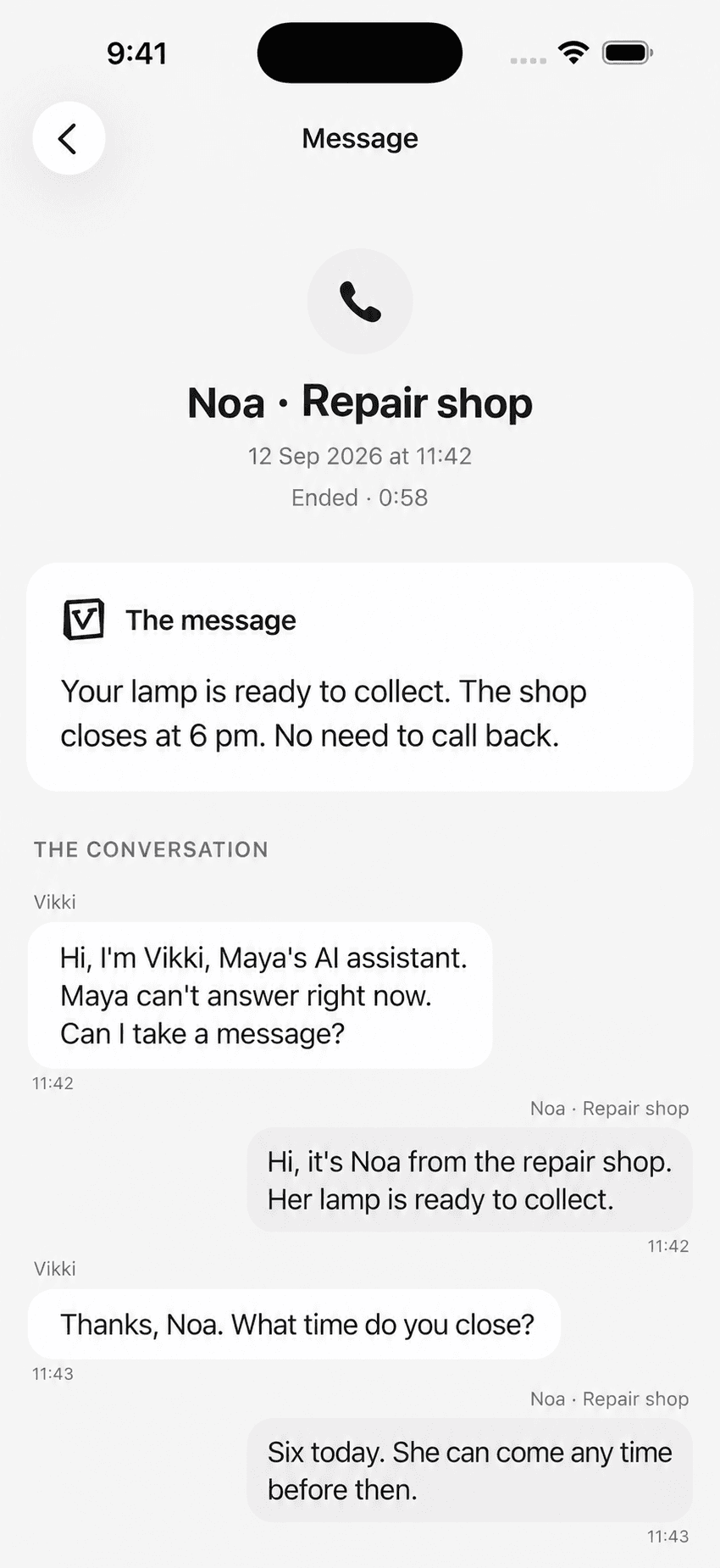 Vikki iOS incoming screen with example content. A missed call, with a message and the full conversation.