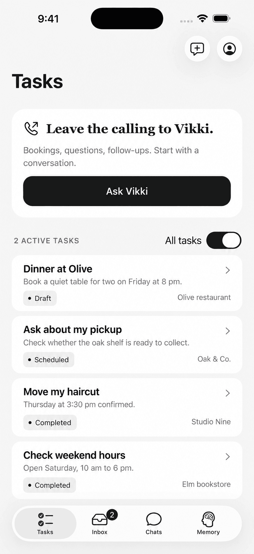 Vikki iOS tasks screen with example content. Bookings, pickups, and follow-ups in one place.